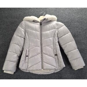 MICHAEL KORS Kids Puffer Jacket Hooded Fur Trim Silver Size 10/12